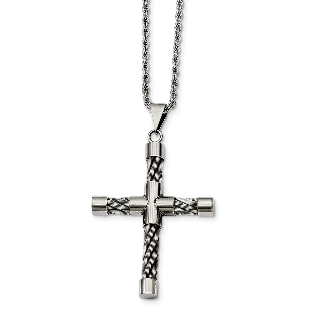 Stainless Steel Polished and Wire Cross Necklace - 22 Inch, Item N9799 by The Black Bow Jewelry Co.