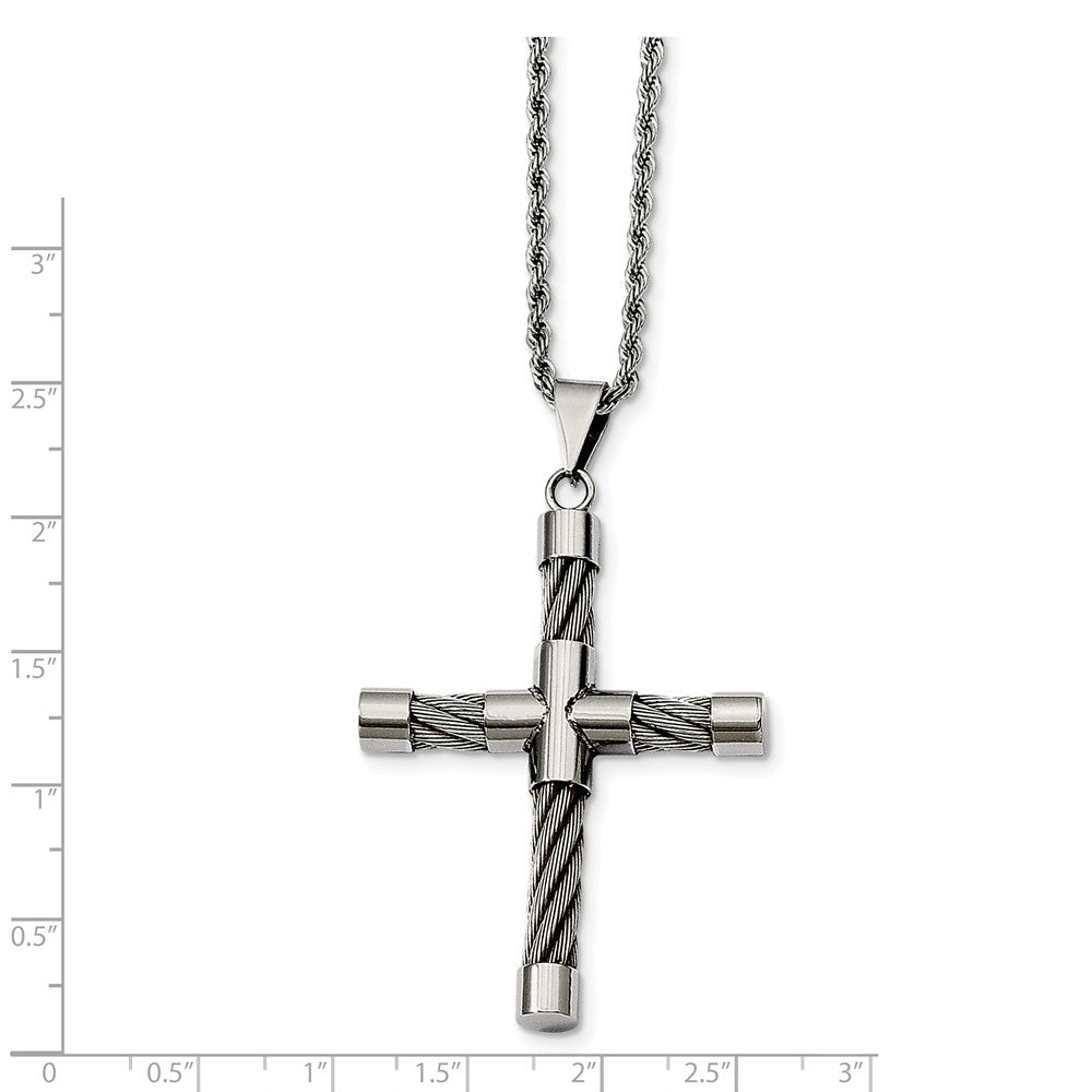 Alternate view of the Stainless Steel Polished and Wire Cross Necklace - 22 Inch by The Black Bow Jewelry Co.