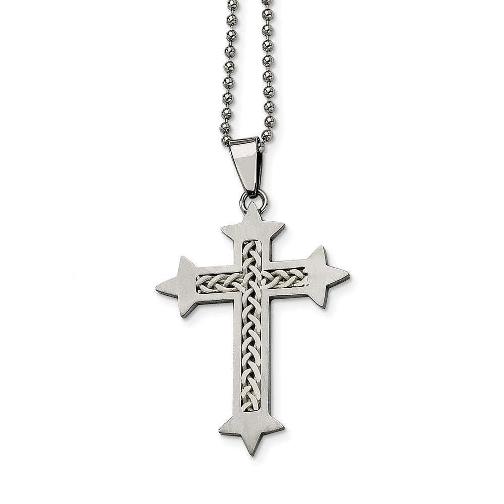 Stainless Steel Satin Cross w/ Silver Inlay Necklace - 24 Inch, Item N9804 by The Black Bow Jewelry Co.