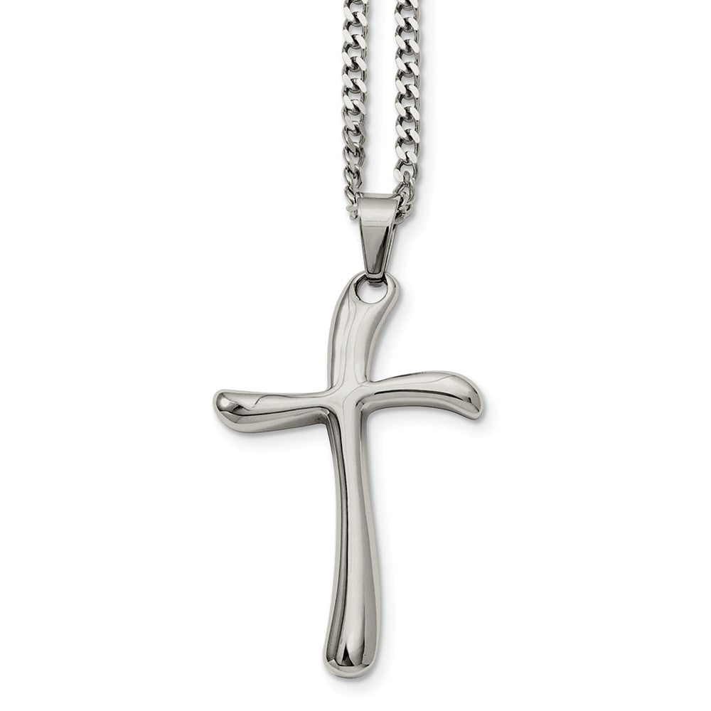 Stainless Steel Polished Curved Cross Necklace - 22 Inch, Item N9811 by The Black Bow Jewelry Co.