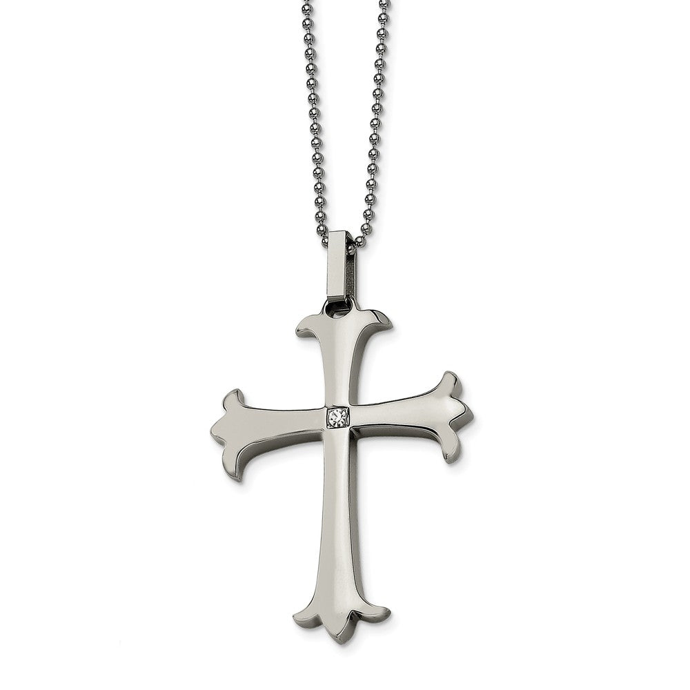 Stainless Steel Polished Fleur-de-lis Cross Necklace with CZ - 22 Inch, Item N9812 by The Black Bow Jewelry Co.
