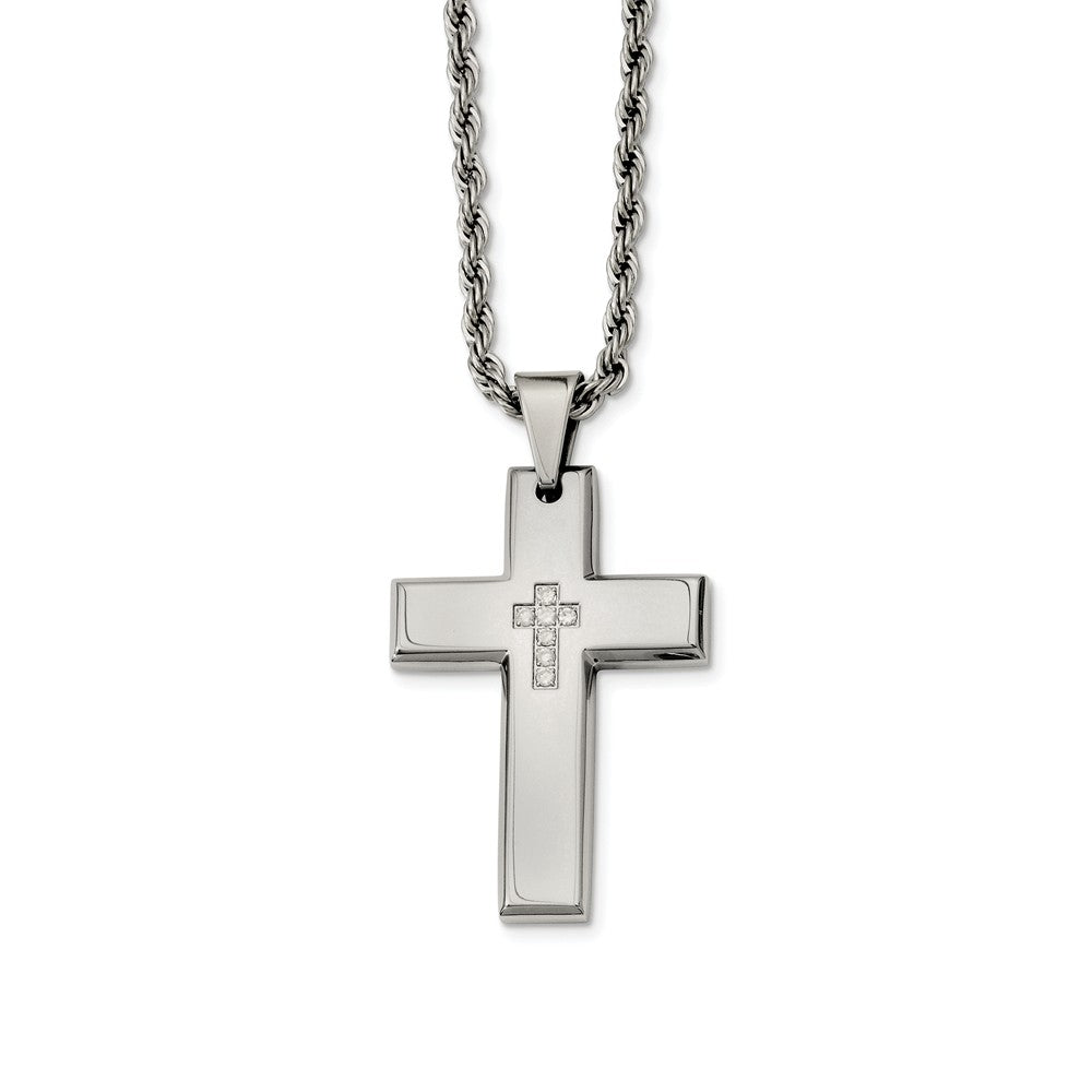 Stainless Steel Polished Cross with CZ&#39;s Necklace - 24 Inch, Item N9814 by The Black Bow Jewelry Co.