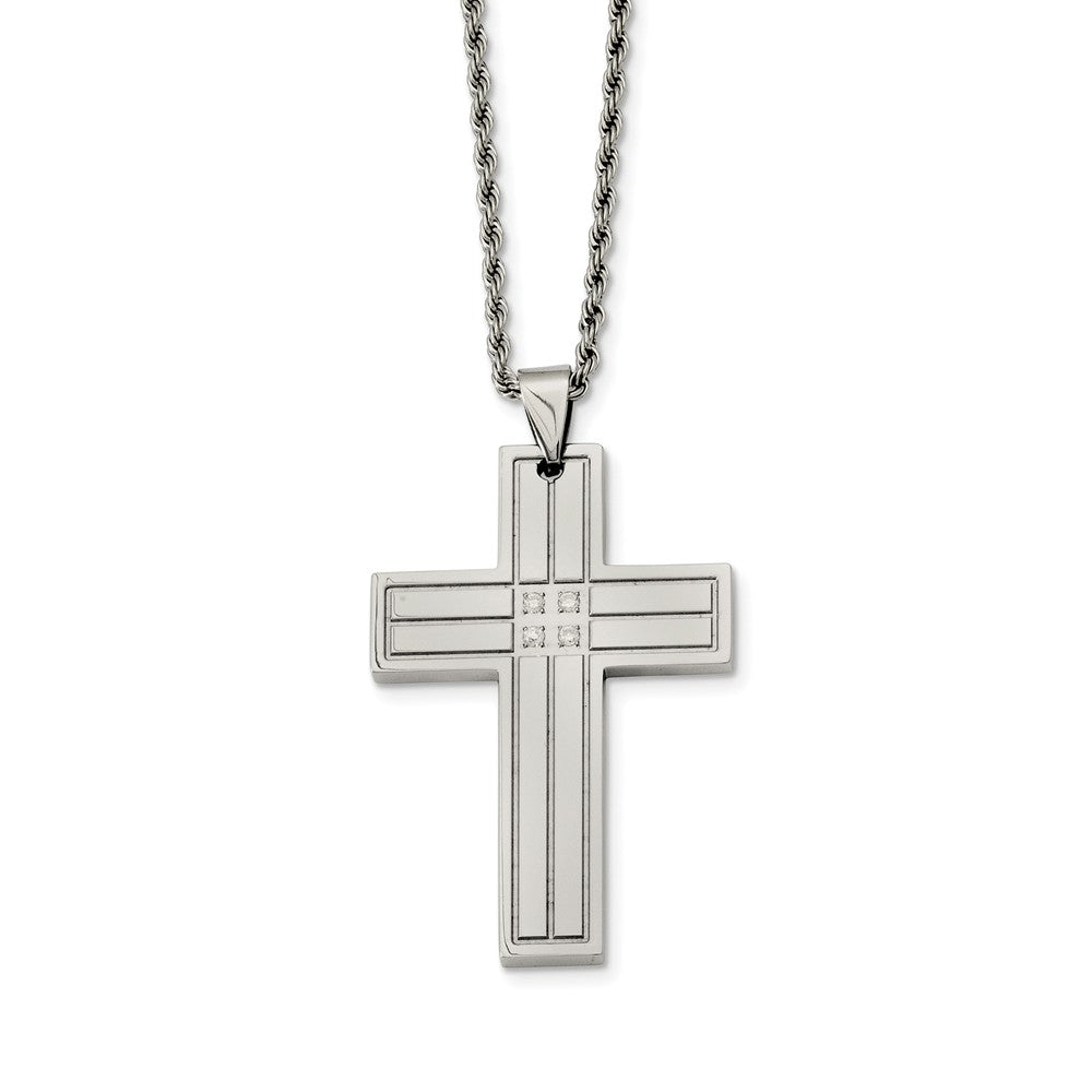 Stainless Steel Grooved Cross w/Cubic Zirconia&#39;s Necklace - 24 Inch, Item N9815 by The Black Bow Jewelry Co.