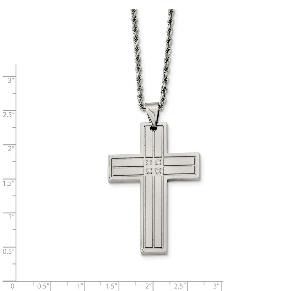 Alternate view of the Stainless Steel Grooved Cross w/Cubic Zirconia&#39;s Necklace - 24 Inch by The Black Bow Jewelry Co.