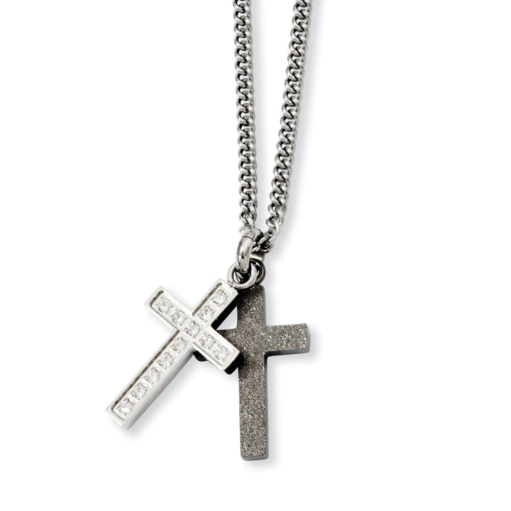 Stainless Steel Laser-cut and CZ Double Cross Necklace - 20 Inch, Item N9816 by The Black Bow Jewelry Co.