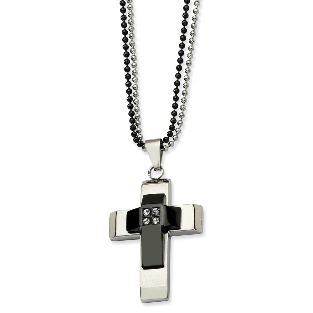 Two-Tone Stainless Steel Polished and CZ Cross Necklace - 22 Inch, Item N9824 by The Black Bow Jewelry Co.