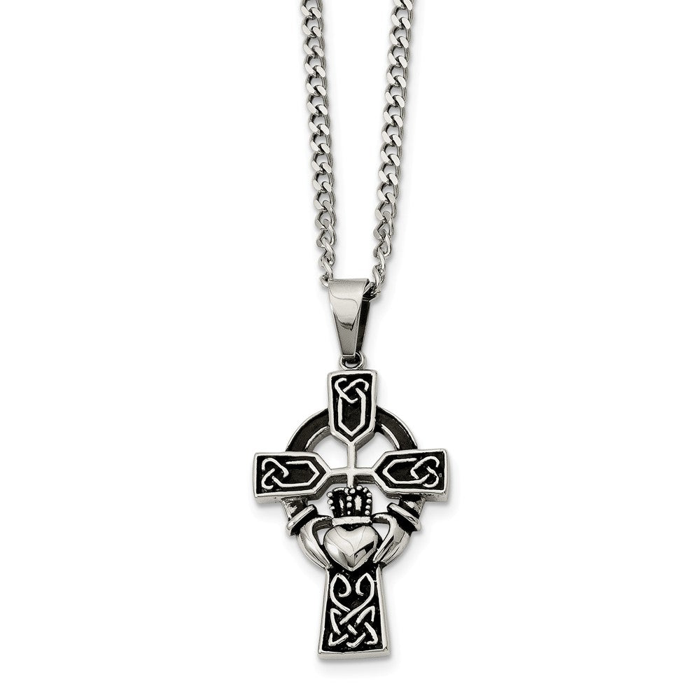 Stainless Steel Antiqued Claddagh Cross Necklace with CZ - 20 Inch, Item N9830 by The Black Bow Jewelry Co.