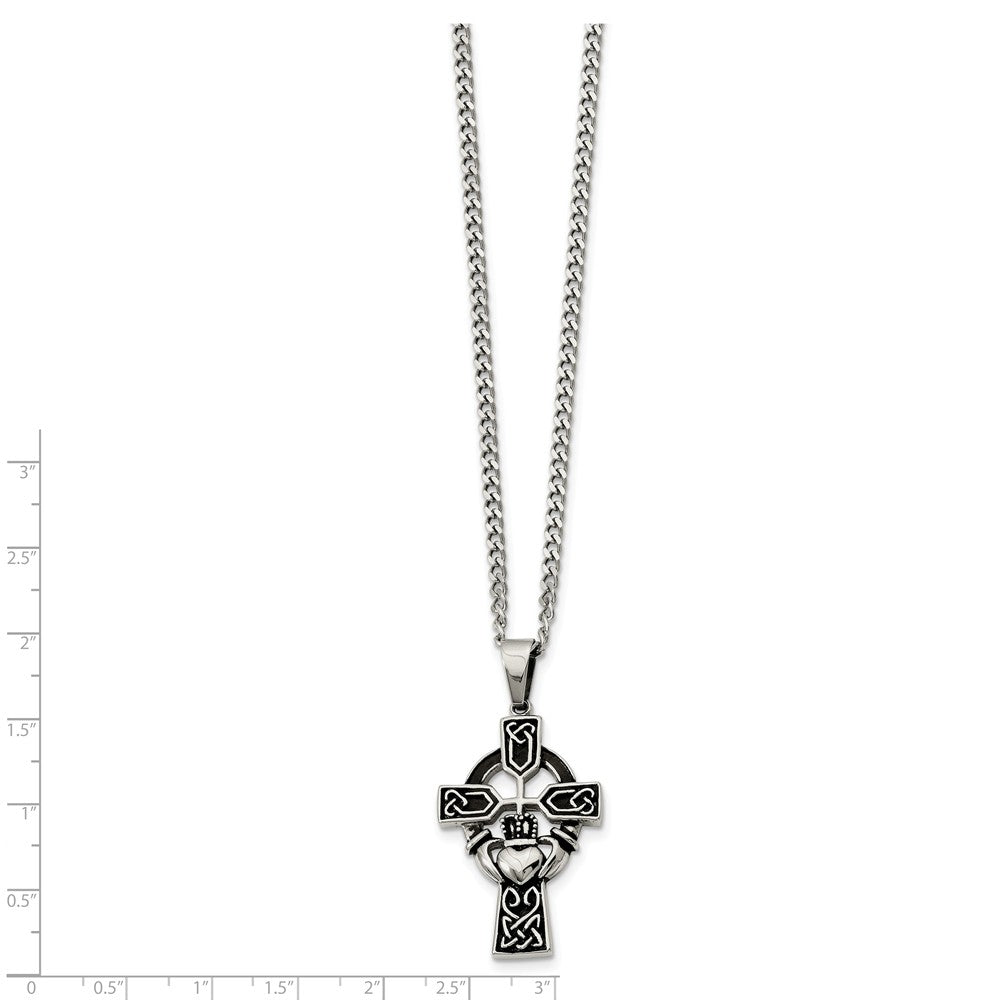 Alternate view of the Stainless Steel Antiqued Claddagh Cross Necklace with CZ - 20 Inch by The Black Bow Jewelry Co.