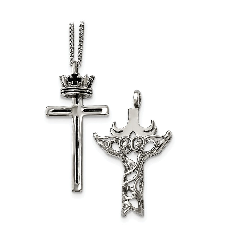 Alternate view of the Stainless Steel 2 Piece Crown and Cross Necklace - 22 Inch by The Black Bow Jewelry Co.