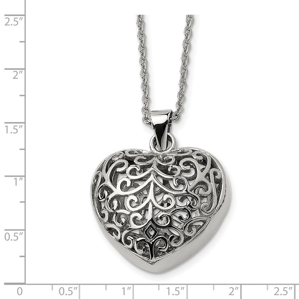Alternate view of the Stainless Steel Large Filigree Puffed Heart Necklace, 22 Inch by The Black Bow Jewelry Co.