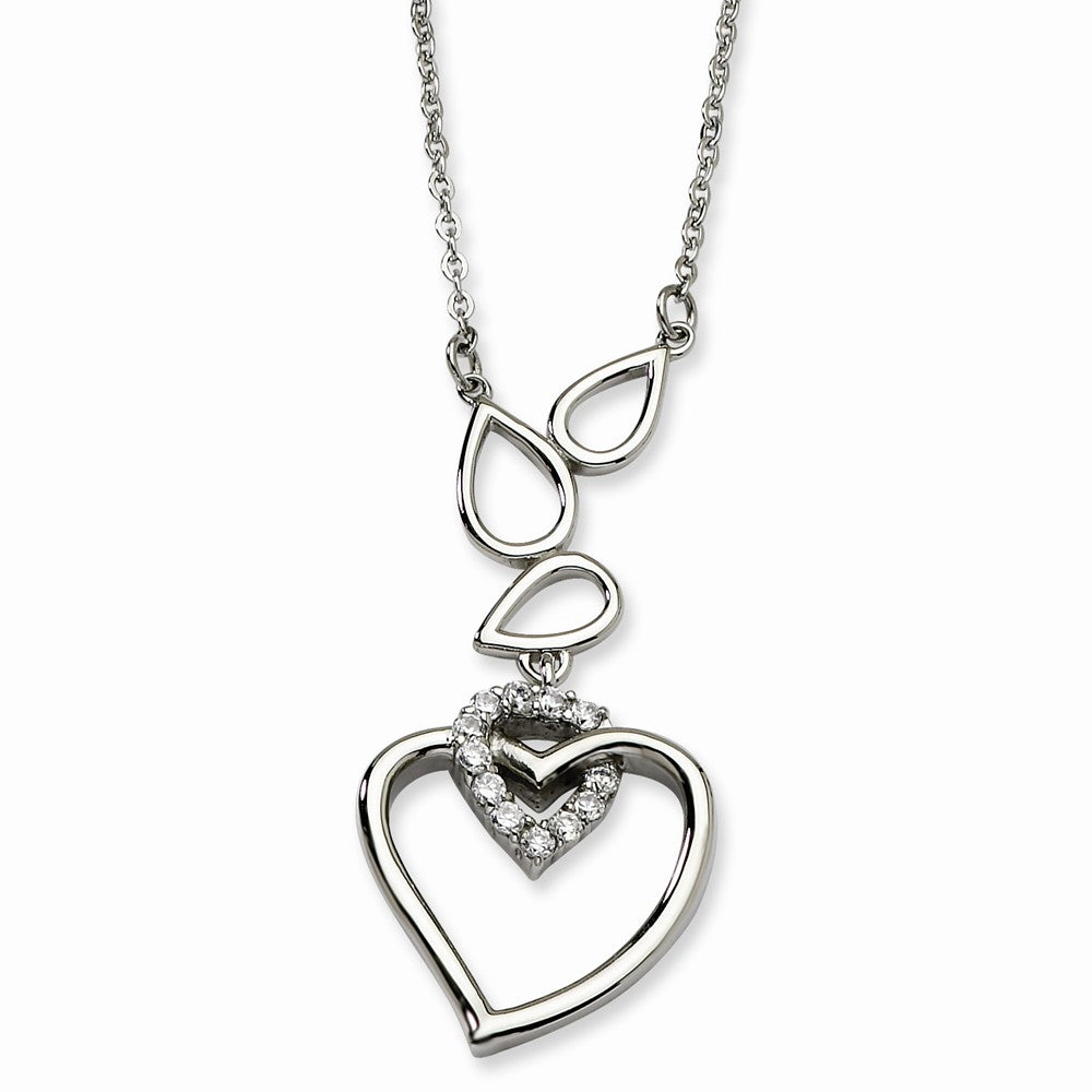 Stainless Steel Teardrops and Heart Adjustable Necklace with CZ - 18in, Item N9855 by The Black Bow Jewelry Co.
