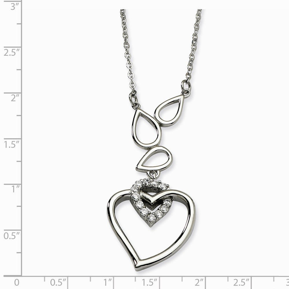 Alternate view of the Stainless Steel Teardrops and Heart Adjustable Necklace with CZ - 18in by The Black Bow Jewelry Co.