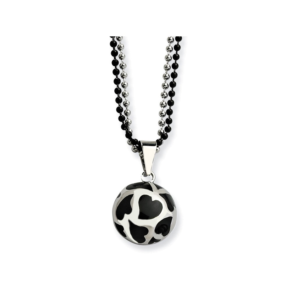 Stainless Steel Black Enamel Hearts Bead Necklace - 24 Inch, Item N9863 by The Black Bow Jewelry Co.