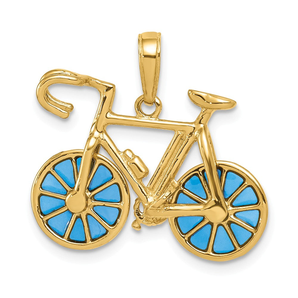 14k Yellow Gold 3D Blue Translucent Acrylic Bicycle Pendant, Item P10128 by The Black Bow Jewelry Co.