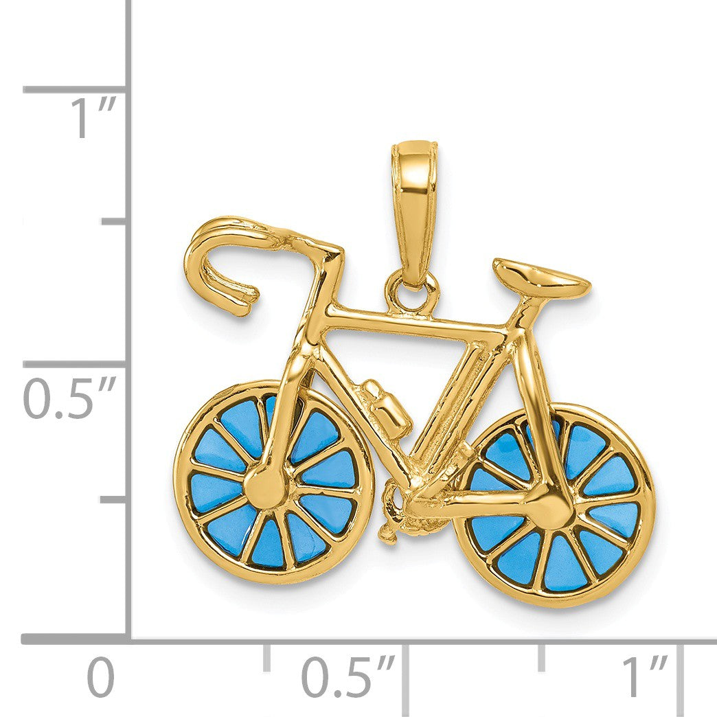 Alternate view of the 14k Yellow Gold 3D Blue Translucent Acrylic Bicycle Pendant by The Black Bow Jewelry Co.