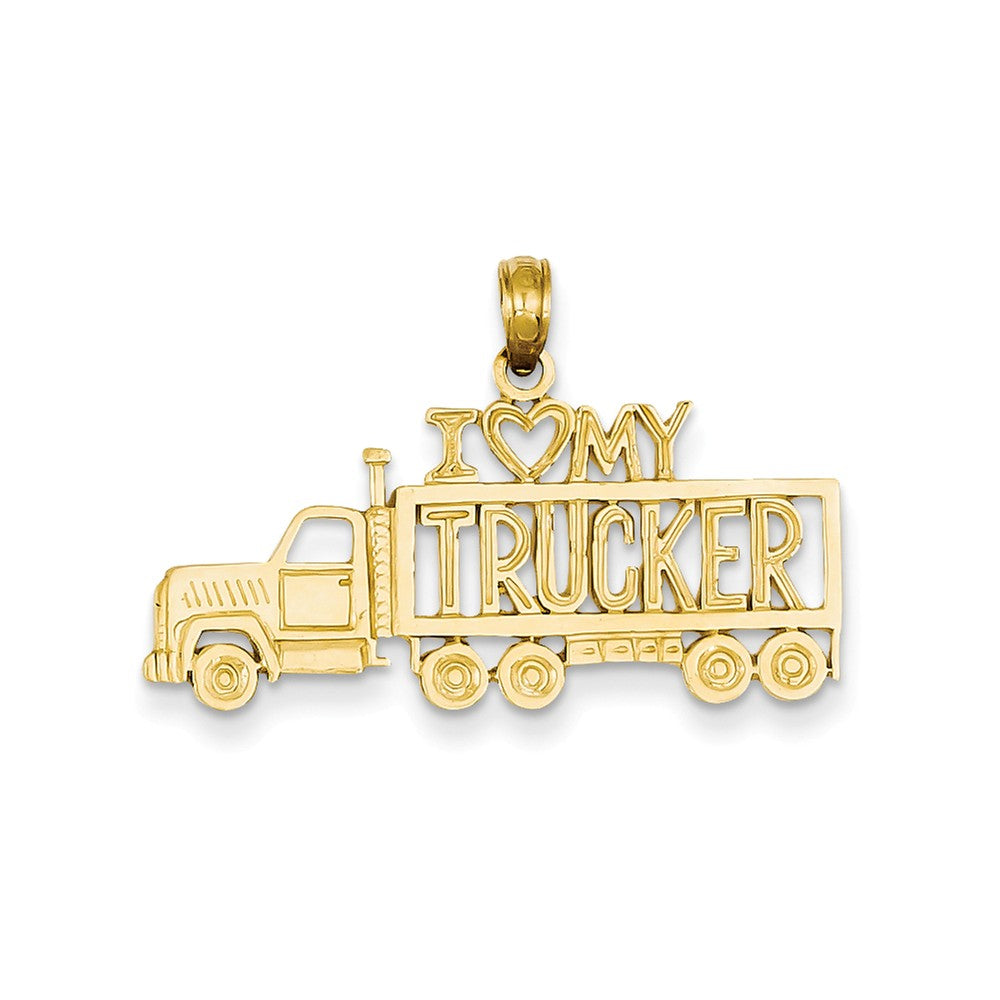 14k Yellow Gold I Heart My Trucker Semi Truck Pendant, Item P10226 by The Black Bow Jewelry Co.
