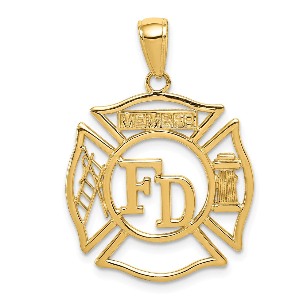 14k Yellow Gold Fire Department Member Shield Pendant, Item P10246 by The Black Bow Jewelry Co.