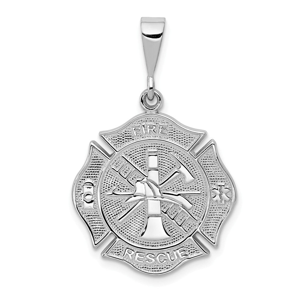 14k White Gold Textured Fire Rescue Shield Pendant, Item P10253 by The Black Bow Jewelry Co.