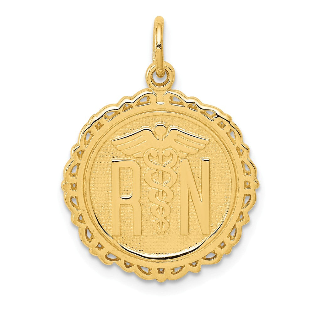 14k Yellow Gold Registered Nurse Disk Charm, 18mm, Item P10294 by The Black Bow Jewelry Co.