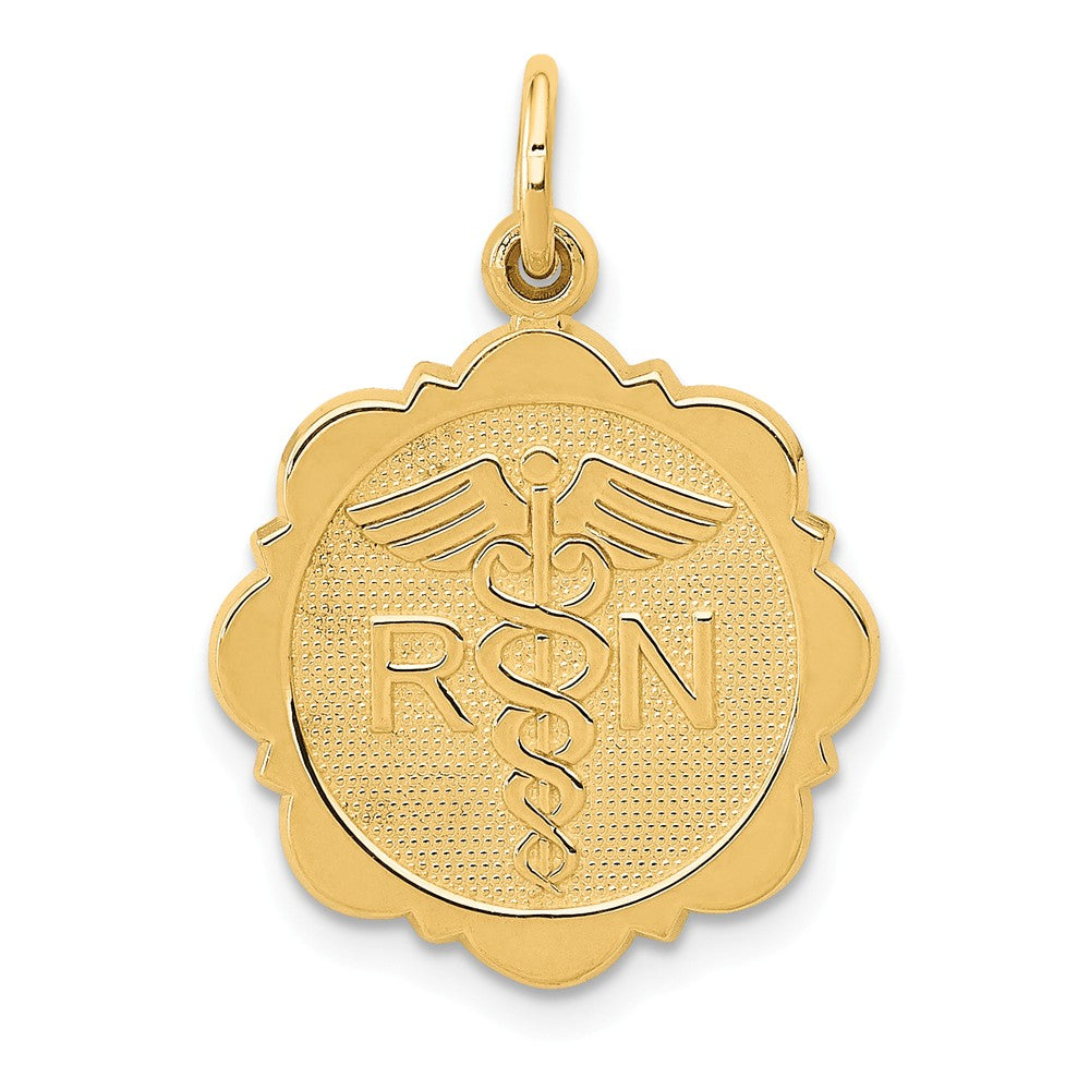 14k Yellow Gold Registered Nurse Disk Charm, 16mm, Item P10295 by The Black Bow Jewelry Co.