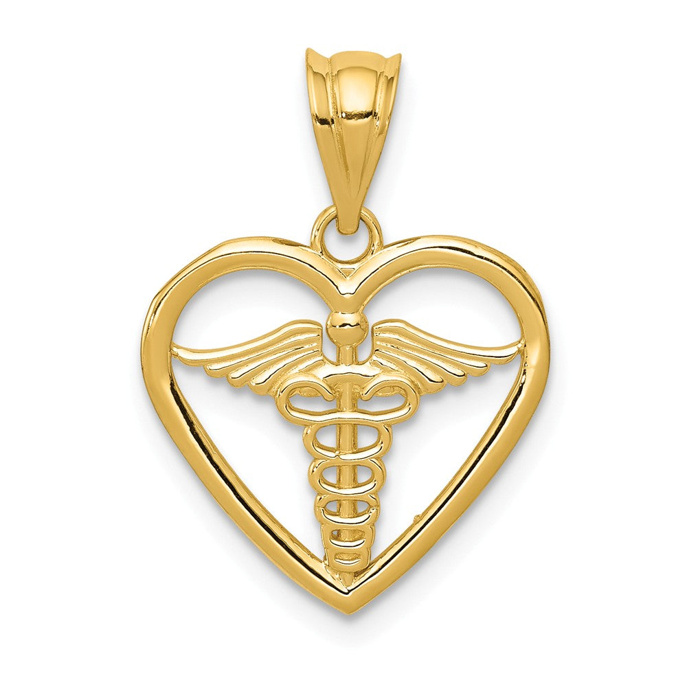 14k Yellow Gold Caduceus Heart Medical Pendant, 15mm, Item P10309 by The Black Bow Jewelry Co.
