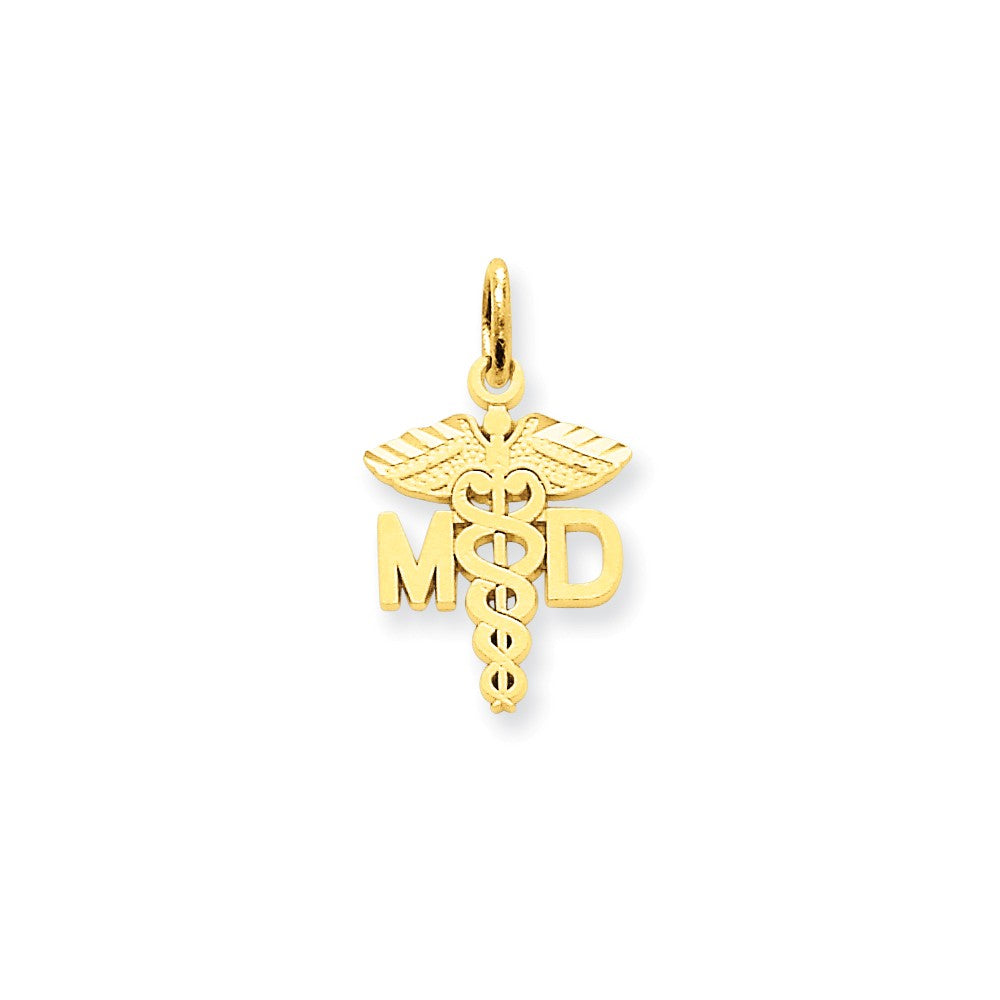 14k Yellow Gold Satin and Diamond Cut MD Caduceus Charm, Item P10317 by The Black Bow Jewelry Co.