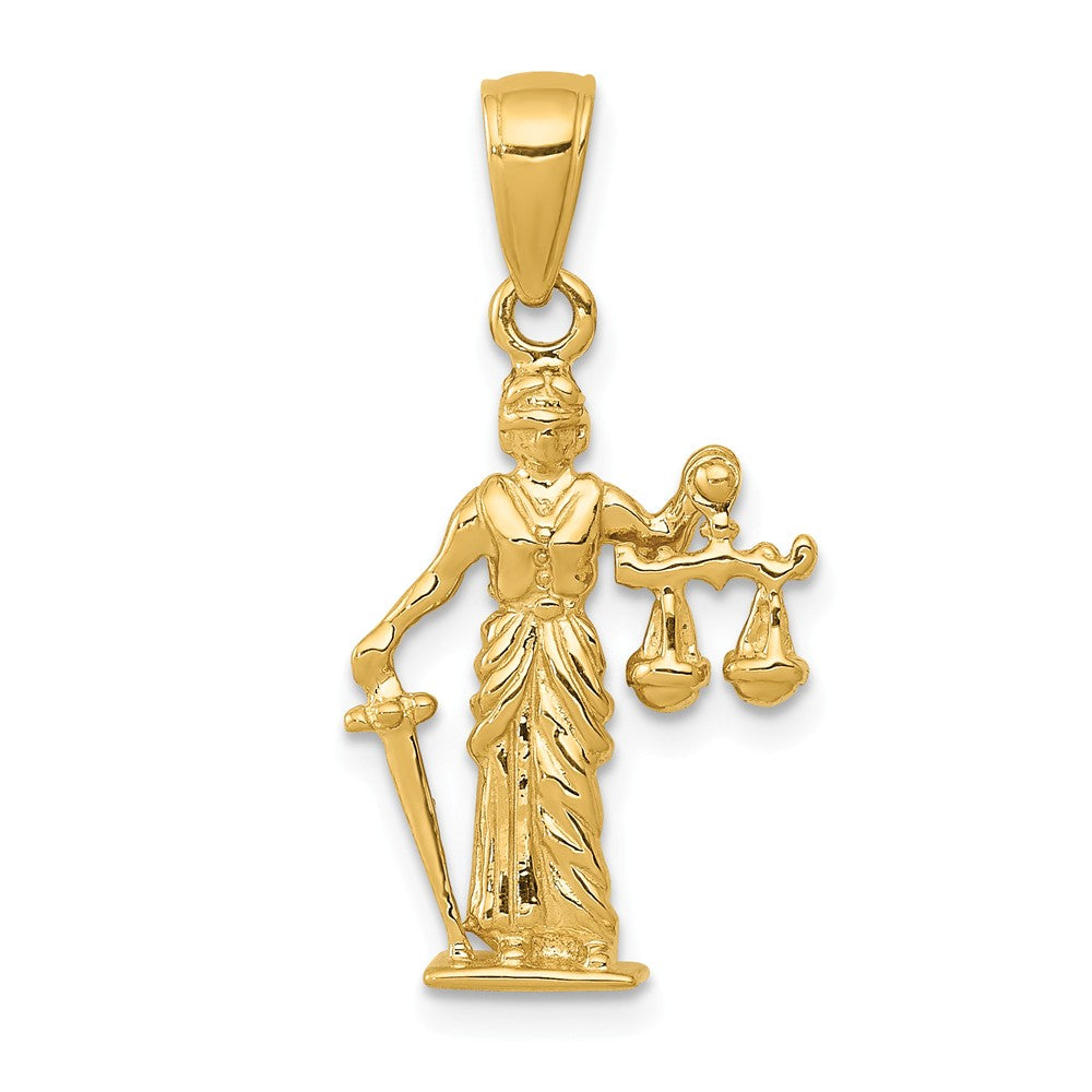 14k Yellow Gold 3D Lady of Justice with Moveable Scales Pendant, Item P10323 by The Black Bow Jewelry Co.