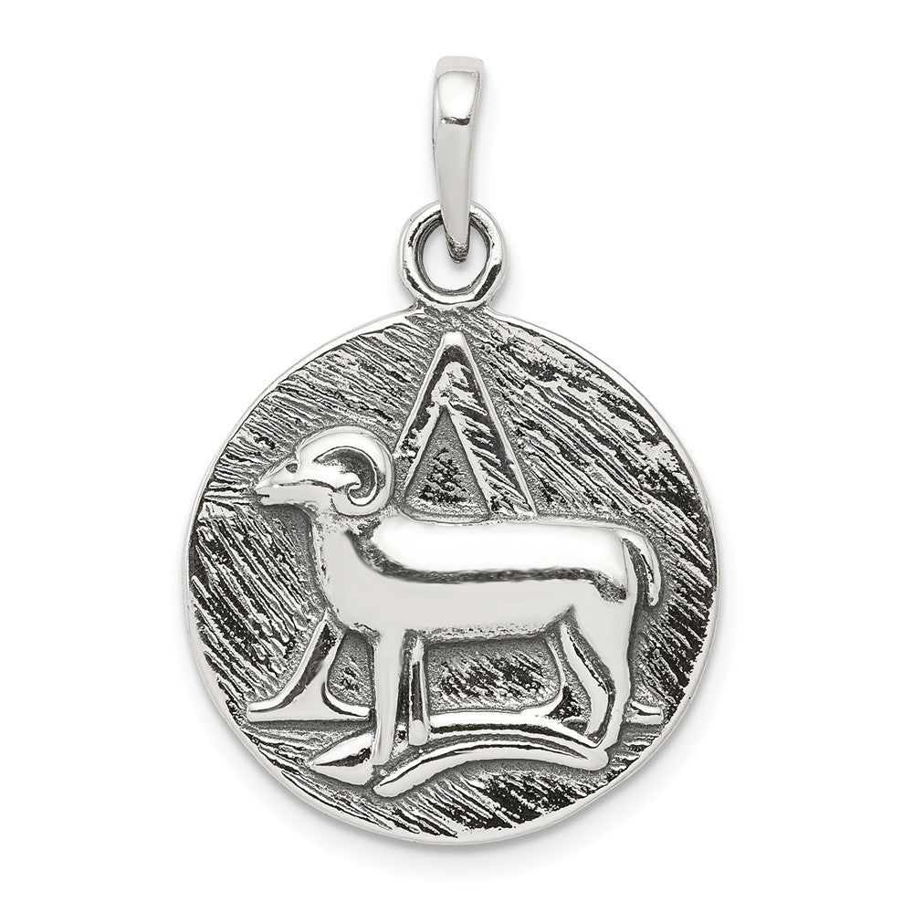 Sterling Silver Aries the Ram Zodiac Embossed Circle Antiqued Pendant, Item P10329 by The Black Bow Jewelry Co.