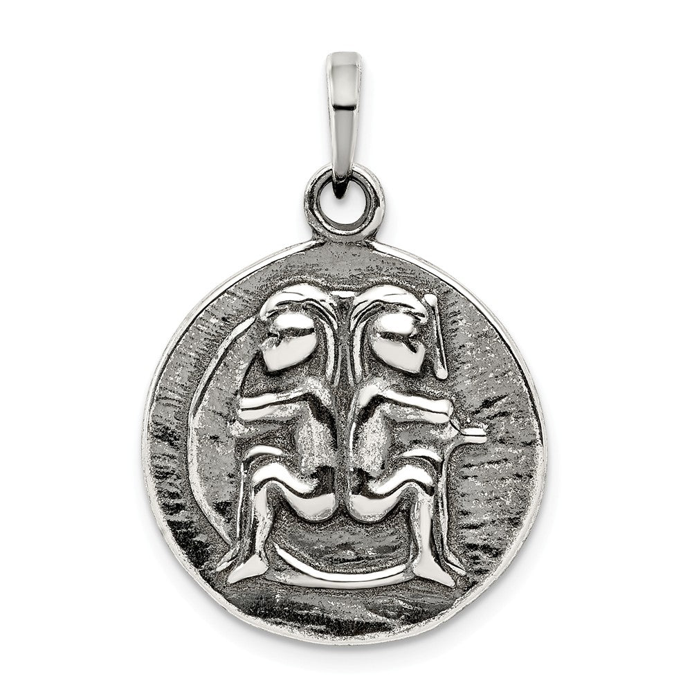 Sterling Silver Gemini the Twins Zodiac Embossed Circle Pendant, Item P10331 by The Black Bow Jewelry Co.