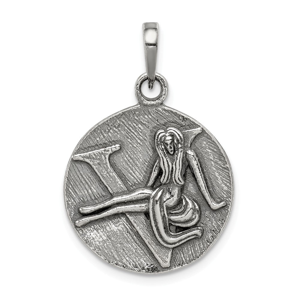 Sterling Silver Virgo the Virgin Zodiac Embossed Circle Pendant, Item P10334 by The Black Bow Jewelry Co.