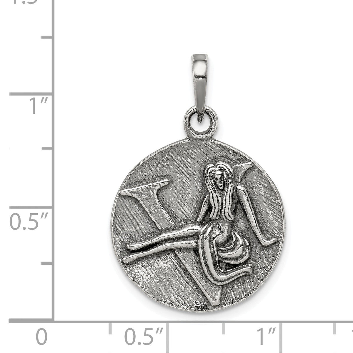 Alternate view of the Sterling Silver Virgo the Virgin Zodiac Embossed Circle Pendant by The Black Bow Jewelry Co.