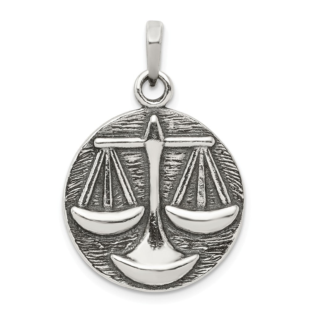 Sterling Silver Libra the Scale Zodiac Embossed Circle Pendant, Item P10335 by The Black Bow Jewelry Co.