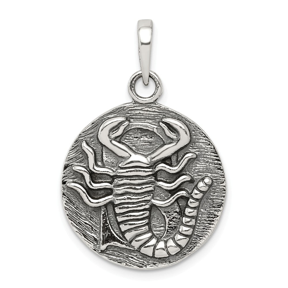 Sterling Silver Scorpio the Scorpion Zodiac Embossed Circle Pendant, Item P10336 by The Black Bow Jewelry Co.