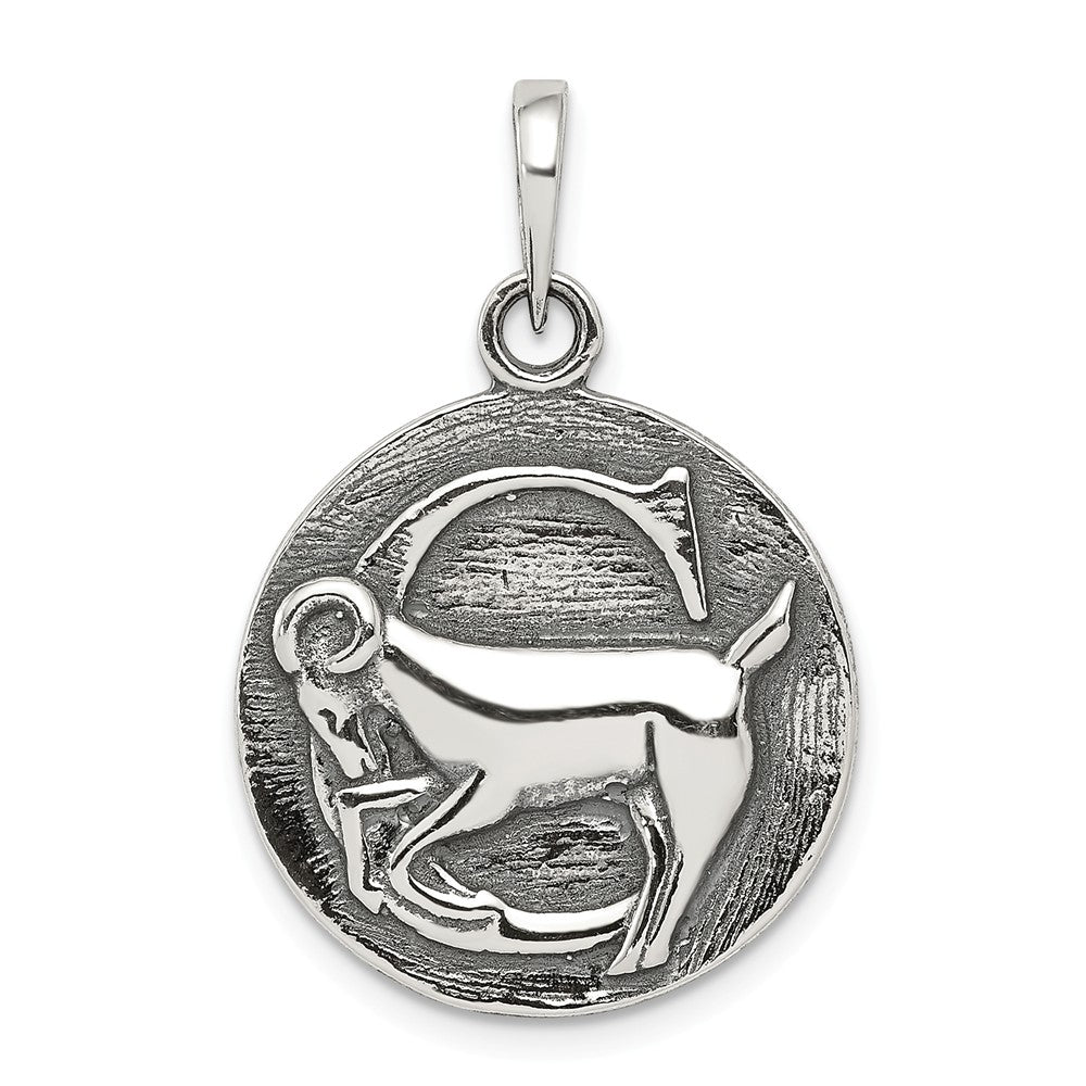 Sterling Silver Capricorn the Goat Zodiac Embossed Circle Pendant, Item P10338 by The Black Bow Jewelry Co.