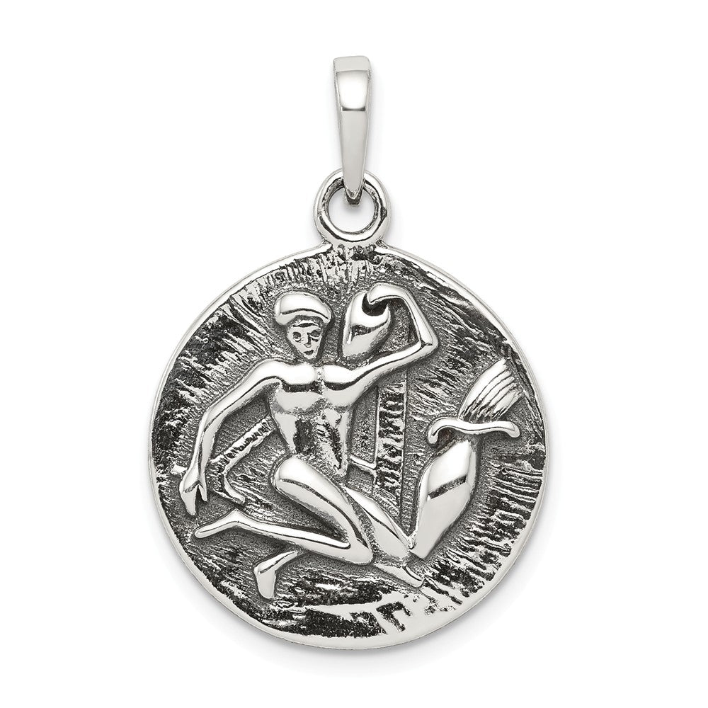 Sterling Silver Aquarius the Water Bearer Zodiac Embossed Pendant, Item P10339 by The Black Bow Jewelry Co.