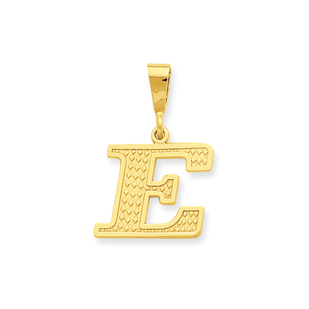 14k Yellow Gold, Ashley Collection, Textured Initial E Pendant, Item P10353-E by The Black Bow Jewelry Co.