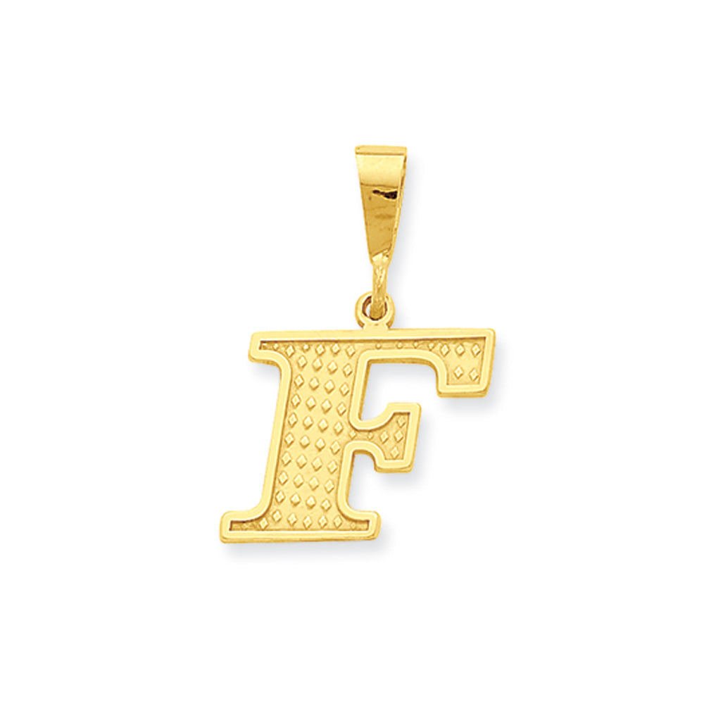 14k Yellow Gold, Ashley Collection, Textured Initial F Pendant, Item P10353-F by The Black Bow Jewelry Co.