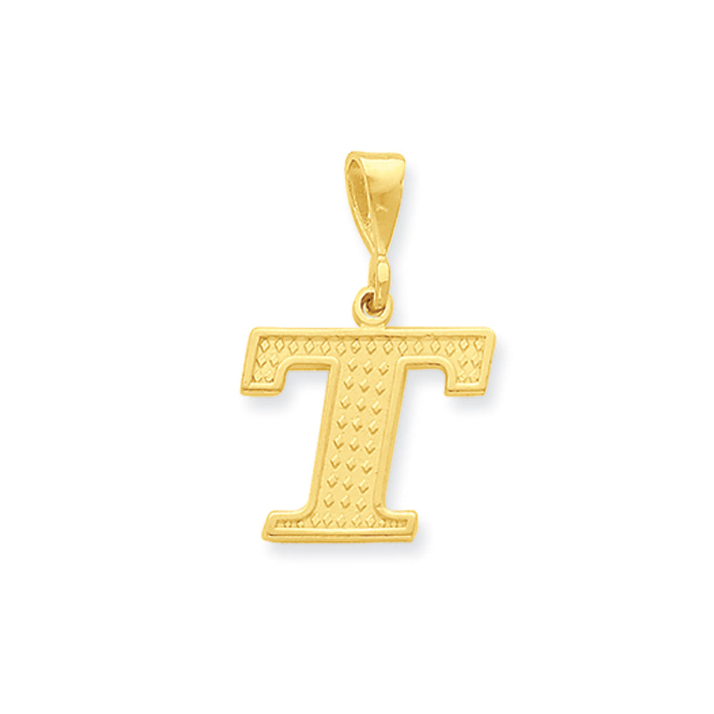 14k Yellow Gold, Ashley Collection, Textured Initial T Pendant, Item P10353-T by The Black Bow Jewelry Co.