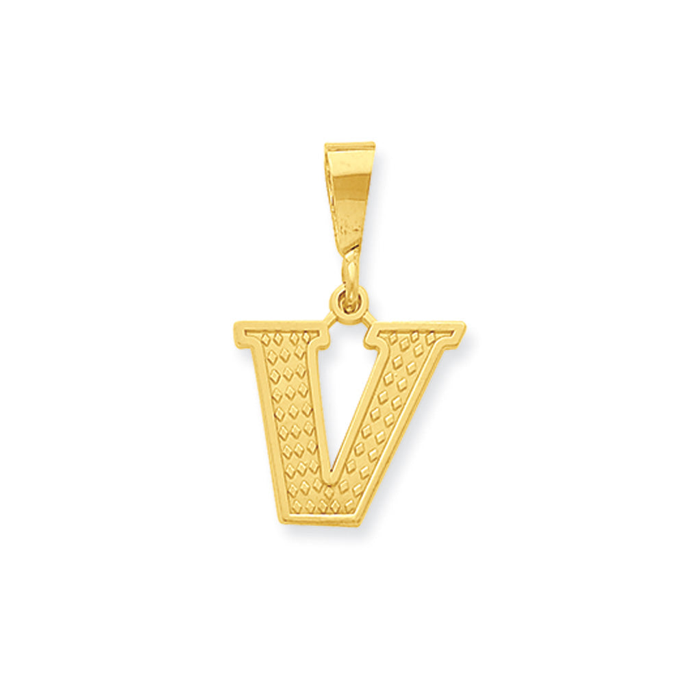 14k Yellow Gold, Ashley Collection, Textured Initial V Pendant, Item P10353-V by The Black Bow Jewelry Co.