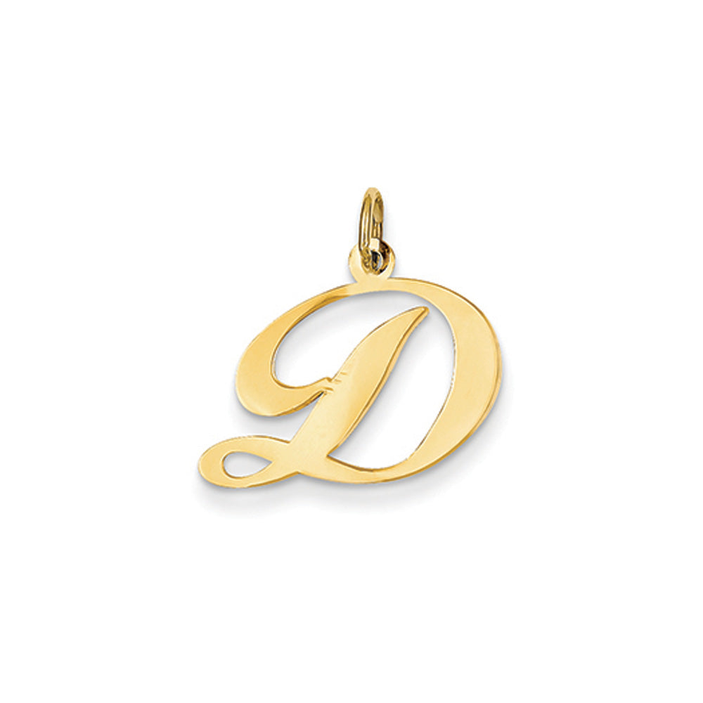 14k Yellow Gold, Ella Collection Medium Fancy Script Initial D Pendant, Item P10354-D by The Black Bow Jewelry Co.