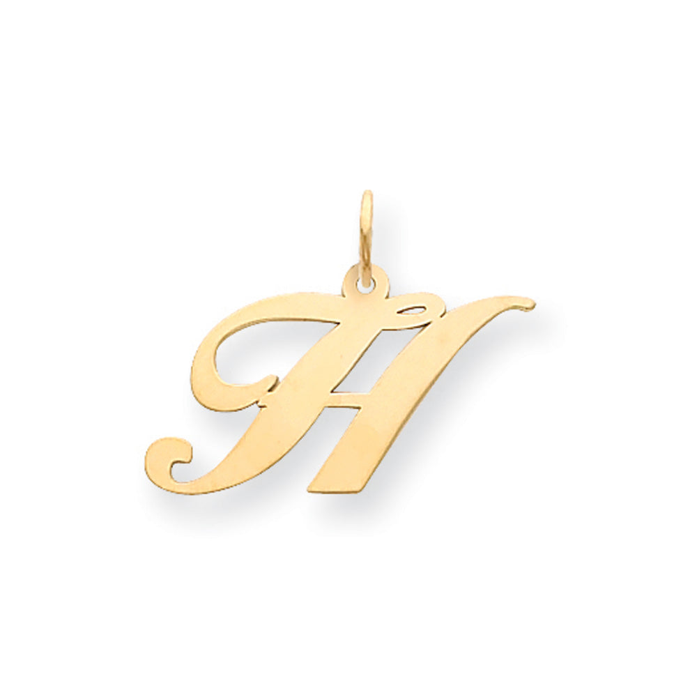 14k Yellow Gold, Ella Collection Medium Fancy Script Initial H Pendant, Item P10354-H by The Black Bow Jewelry Co.