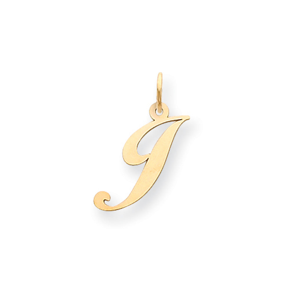 14k Yellow Gold, Ella Collection Medium Fancy Script Initial J Pendant, Item P10354-J by The Black Bow Jewelry Co.