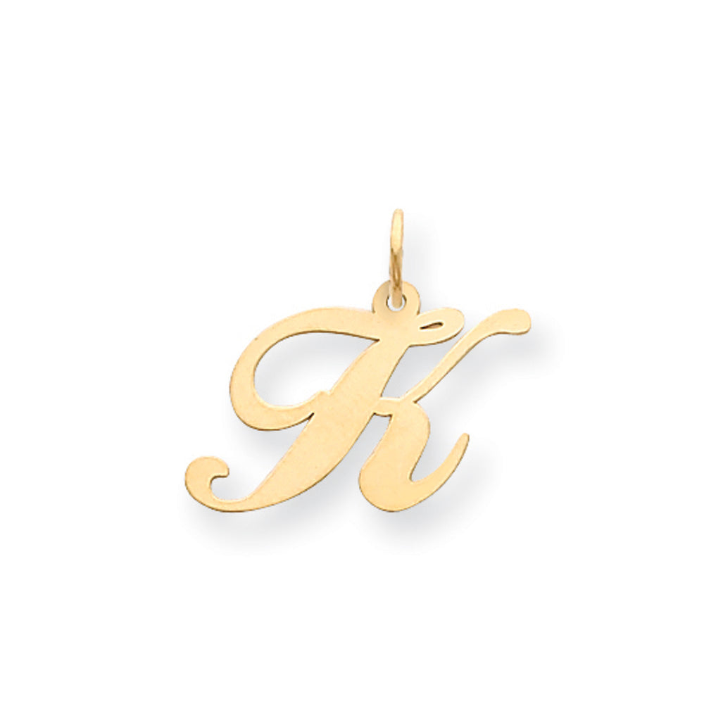 14k Yellow Gold, Ella Collection Medium Fancy Script Initial K Pendant, Item P10354-K by The Black Bow Jewelry Co.