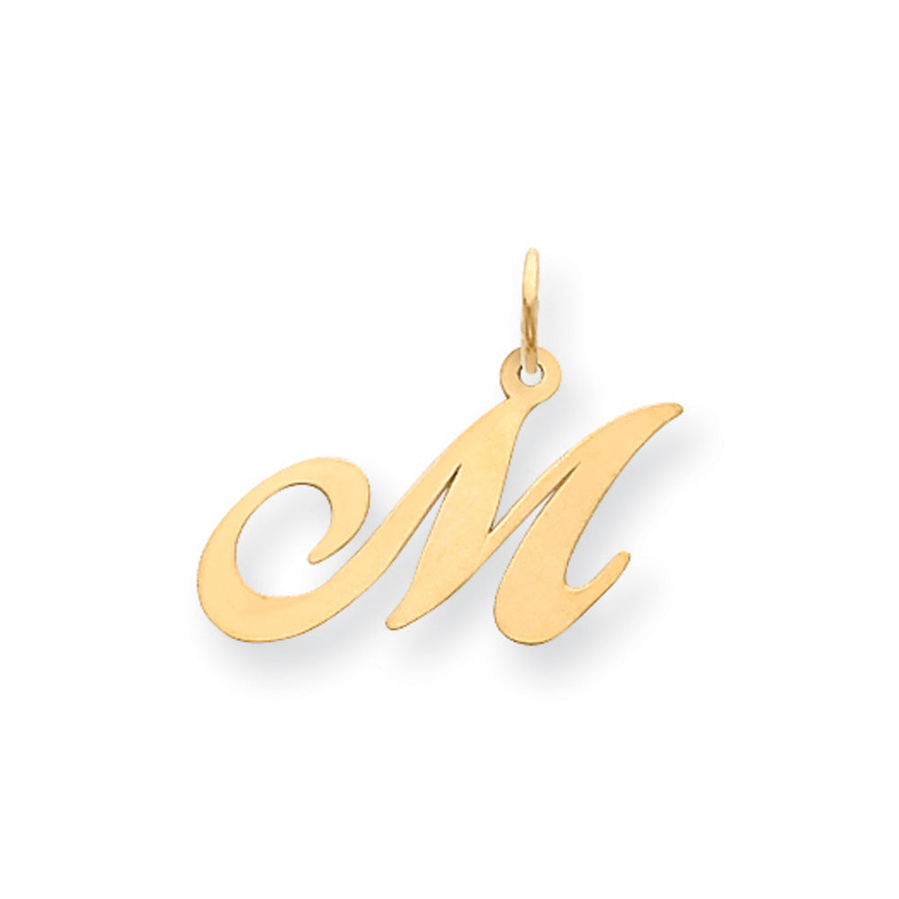 14k Yellow Gold, Ella Collection Medium Fancy Script Initial M Pendant, Item P10354-M by The Black Bow Jewelry Co.