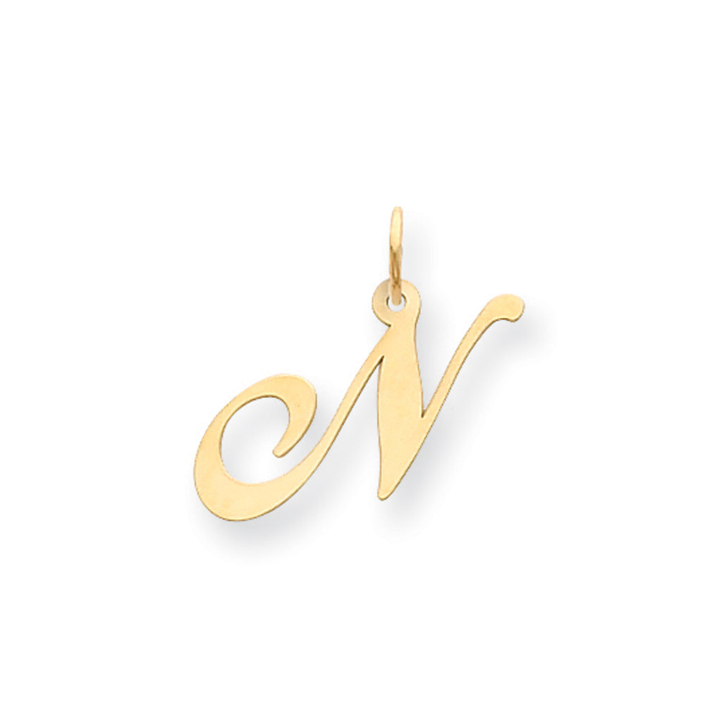 14k Yellow Gold, Ella Collection Medium Fancy Script Initial N Pendant, Item P10354-N by The Black Bow Jewelry Co.