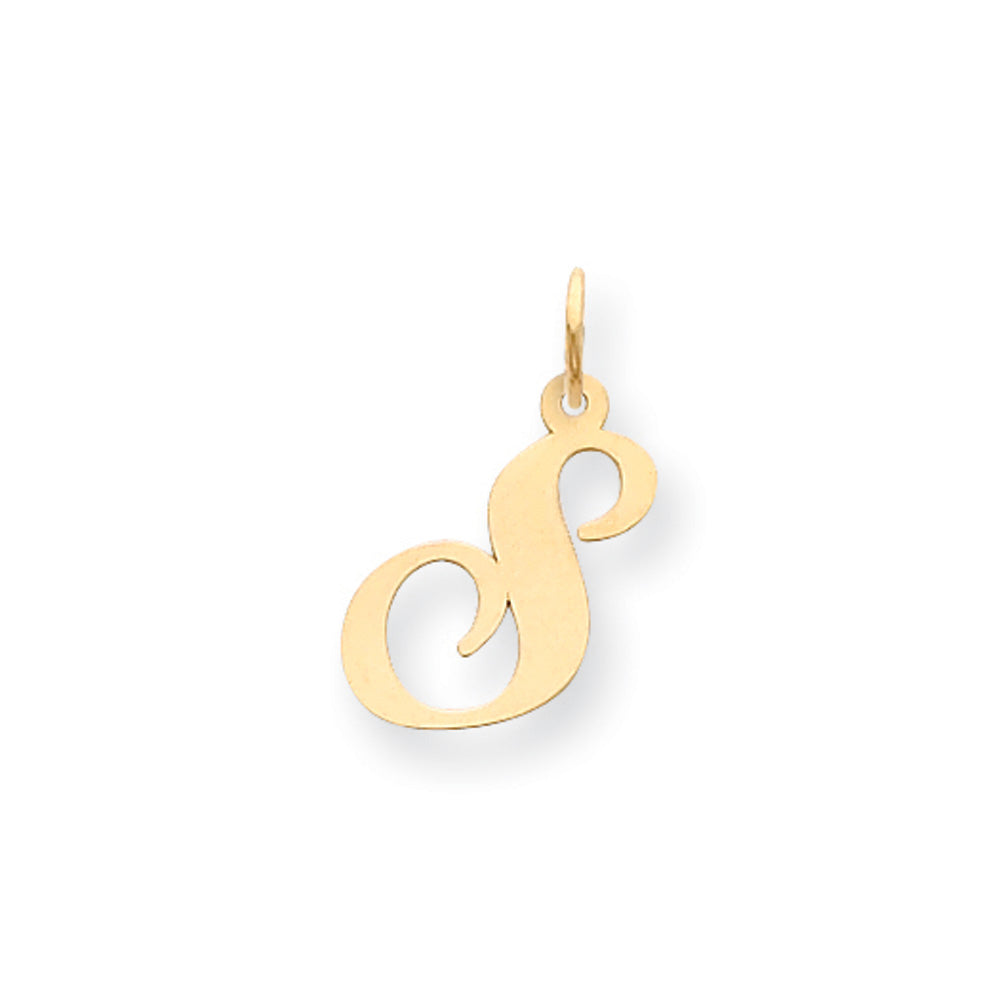 14k Yellow Gold, Ella Collection Medium Fancy Script Initial S Pendant, Item P10354-S by The Black Bow Jewelry Co.