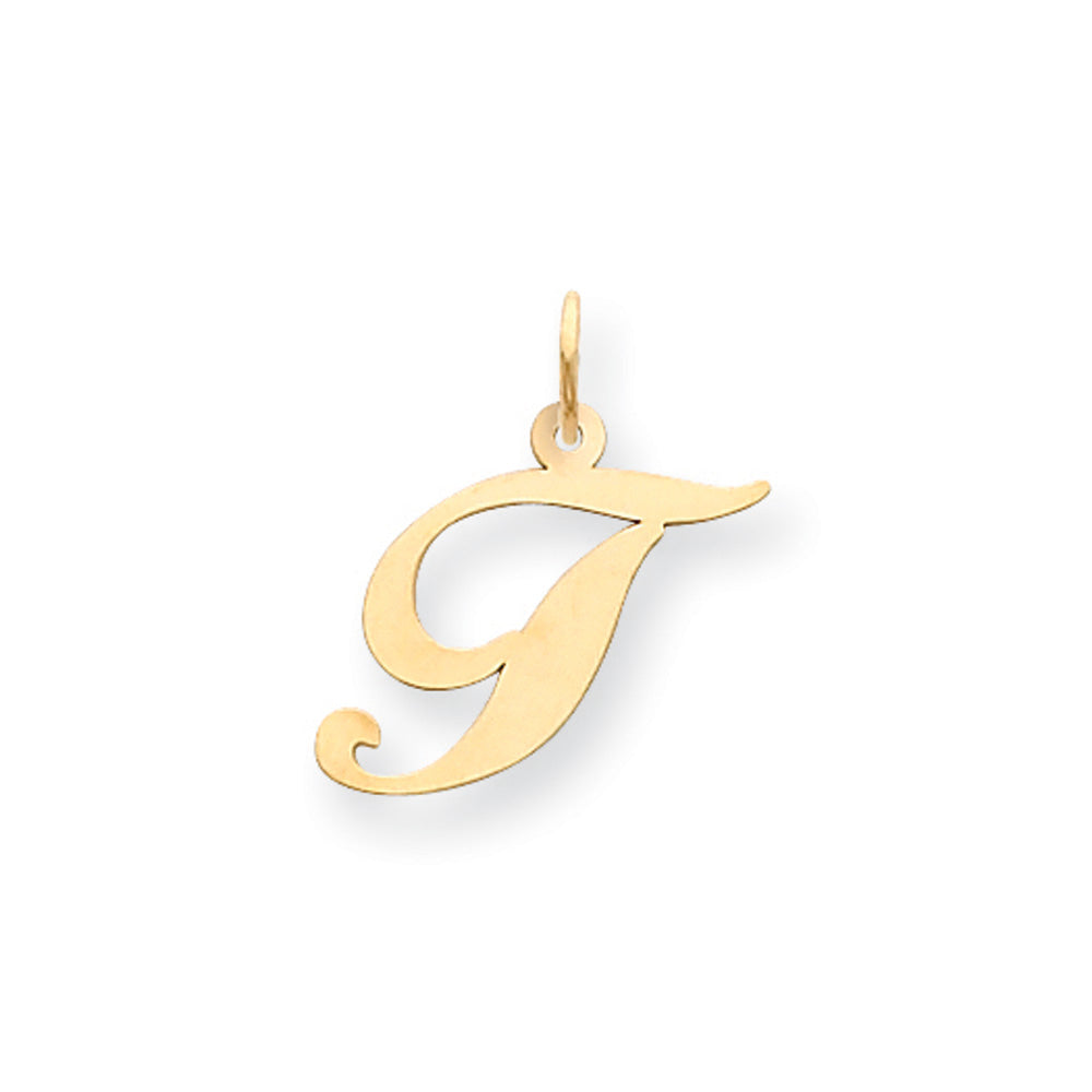 14k Yellow Gold, Ella Collection Medium Fancy Script Initial T Pendant, Item P10354-T by The Black Bow Jewelry Co.