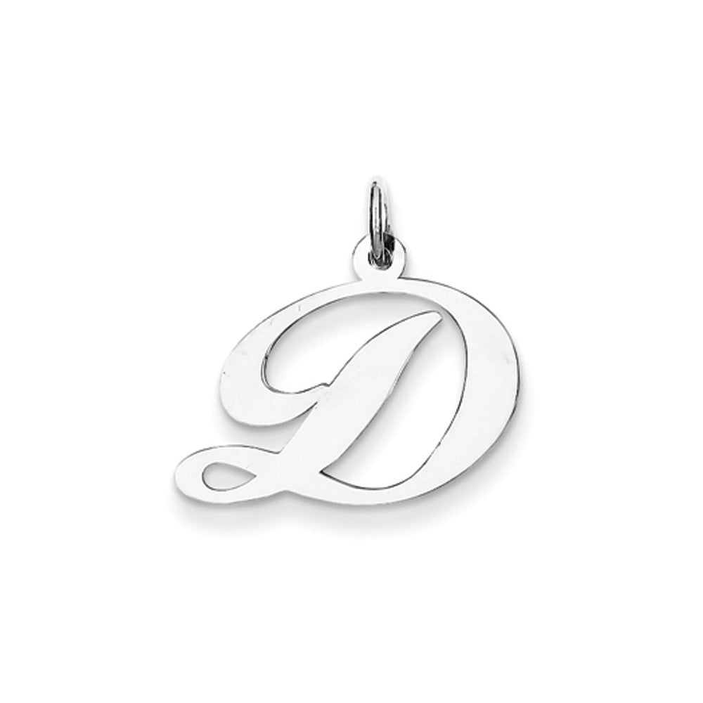 14k White Gold, Ella Collection Medium Fancy Script Initial D Pendant, Item P10355-D by The Black Bow Jewelry Co.