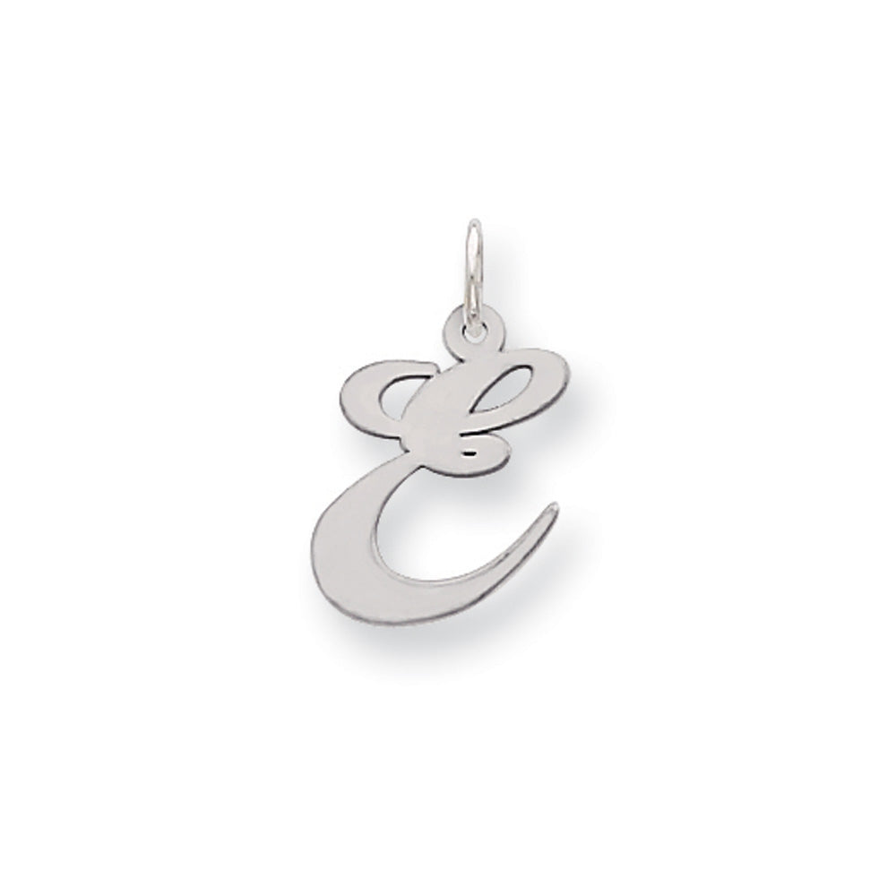 14k White Gold, Ella Collection Medium Fancy Script Initial E Pendant, Item P10355-E by The Black Bow Jewelry Co.