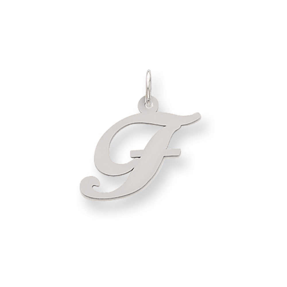 14k White Gold, Ella Collection Medium Fancy Script Initial F Pendant, Item P10355-F by The Black Bow Jewelry Co.